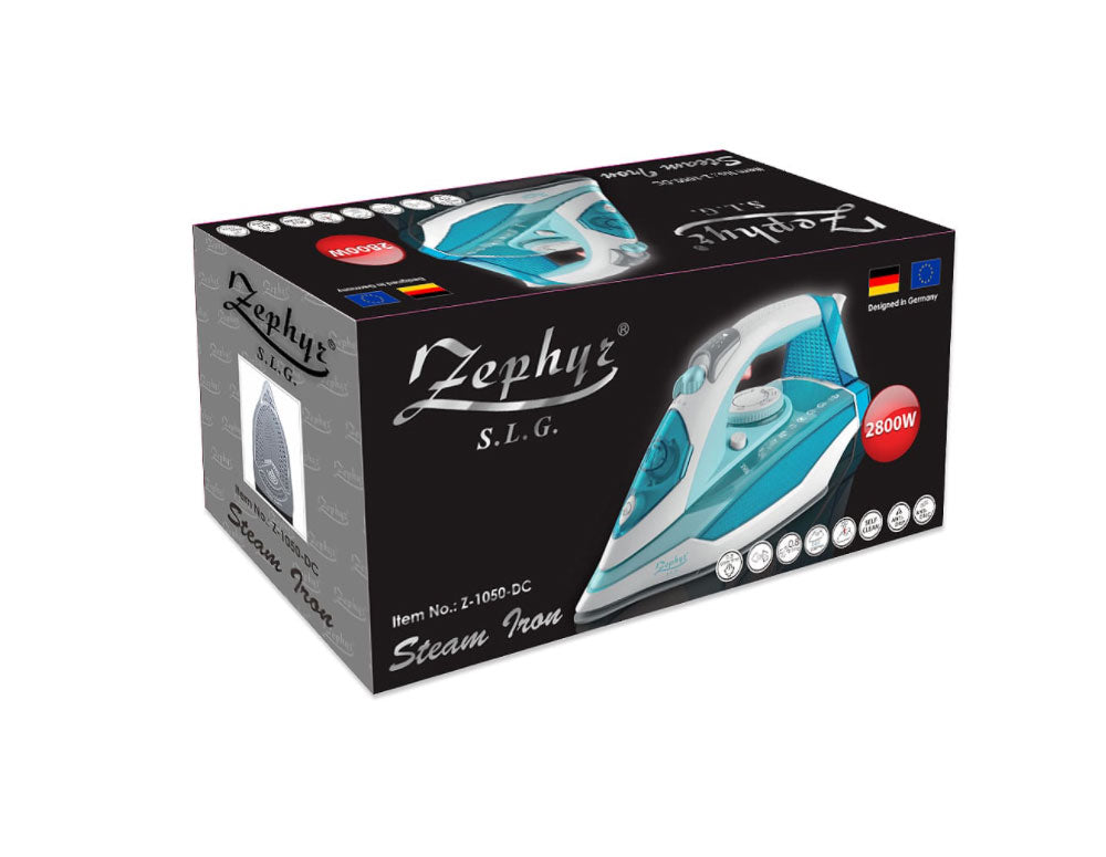 Fier de călcat cu abur ZEPHYR ZP 1050 DC, 2800W, 300 ml, 40 g/min, Talpă ceramică, Autocurățare, Călcare verticală, Turcoaz/alb