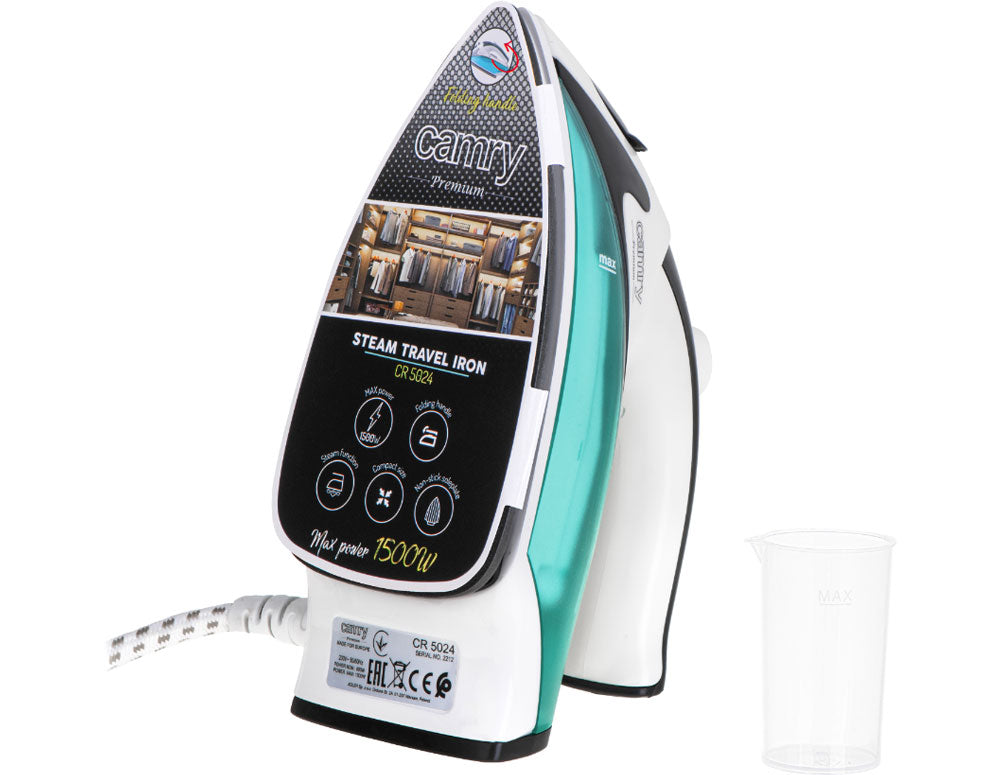 Fier de călcat de călătorie CAMRY CR-5024 1500 W cu abur, Placă de călcat antiaderentă
