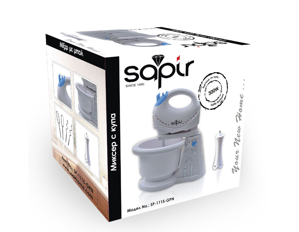 Mixer cu bol și blender SAPIR SP 1115 GPN, 300W, 2 litri, 5 viteze + Turbo, Suport rotativ, Alb/albastru