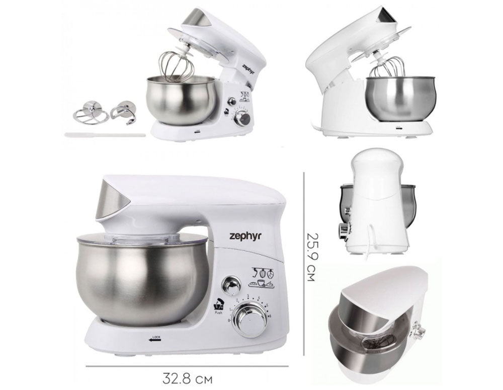 Mixer planetar cu bol din oțel inoxidabil ZEPHYR ZP 1115 R, 700W, 3,5 litri, 6 viteze, Accesorii, Alb