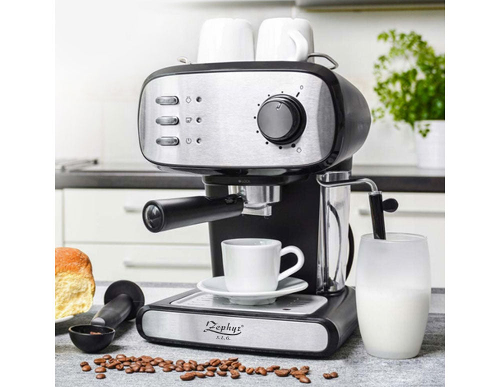 Espressor ZEPHYR ZP 1171 J, 850W, 15 bar, 1,5 litri, Disc cremă, Spumator, Oțel inoxidabil/negru