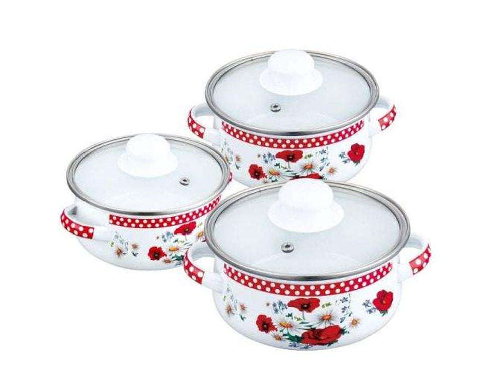 Set mini cratițe PETERHOF PH 15866, 6 piese, 0,5/0,75/1,25 litri, Inducție, Email, Alb cu flori