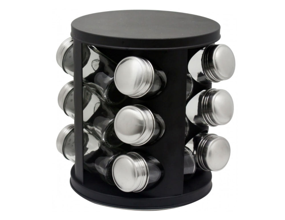 Borcane de condimente pe suport ZEPHYR ZP 1217 CR12, 12 borcane, 3 niveluri, bază rotativă, negru