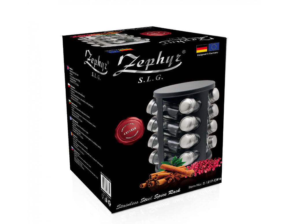 Borcane pentru condimente pe suport ZEPHYR ZP 1217 CR16, 16 buc. borcane, 4 niveluri, bază rotativă, negru