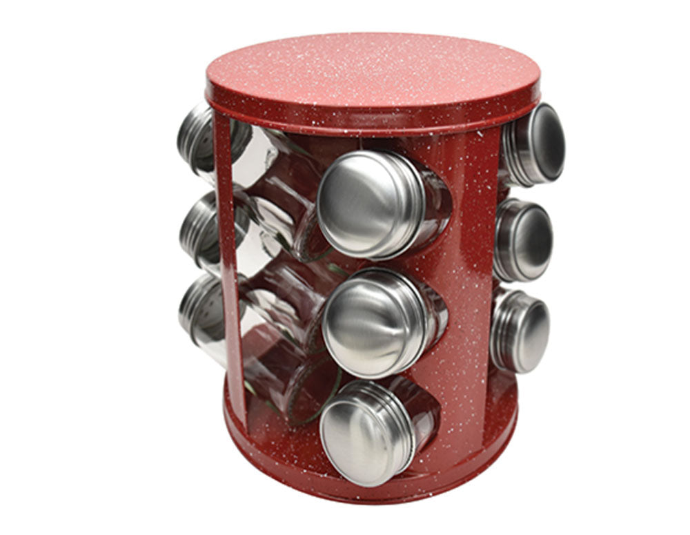 Borcane de condimente pe suport ZEPHYR ZP 1217 CR12 CU SPRAY DE ULEI CADOU, 12 buc. borcane, 3 niveluri, bază rotativă, marmură roșie