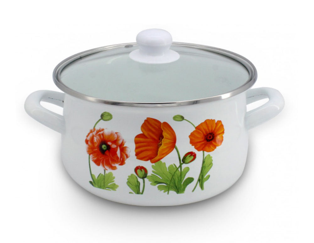 Cratiță cu capac de sticlă SAPIR SP 4518, Email, Alb cu decorațiuni