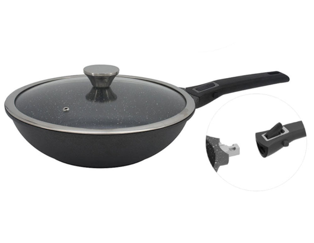 Tigaie wok cu capac și mâner detașabil ZEPHYR ZP 4320 30NC, 30x10 cm, acoperire din marmură, inducție, negru