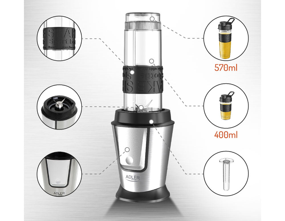 Blender cu 2 recipiente portabile cu capac Adler AD 4081, 500 W, 570 ml și 400 ml