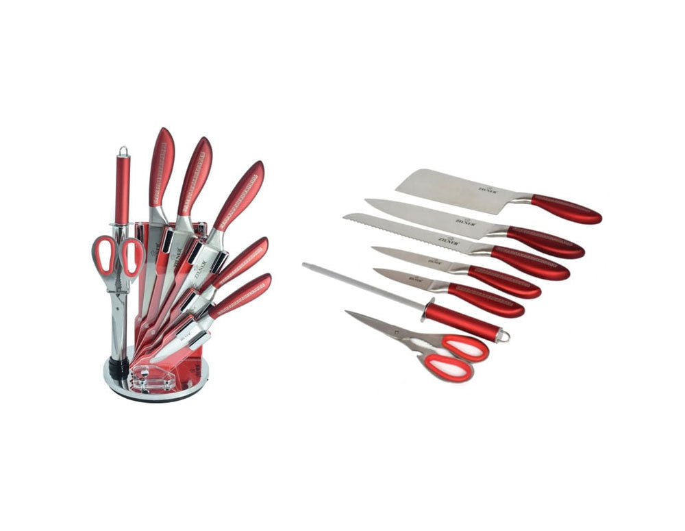 Set cuțite cu suport ZILNER ZL 5121, 8 piese, Ascuțitor, Foarfece, Oțel inoxidabil, Roșu