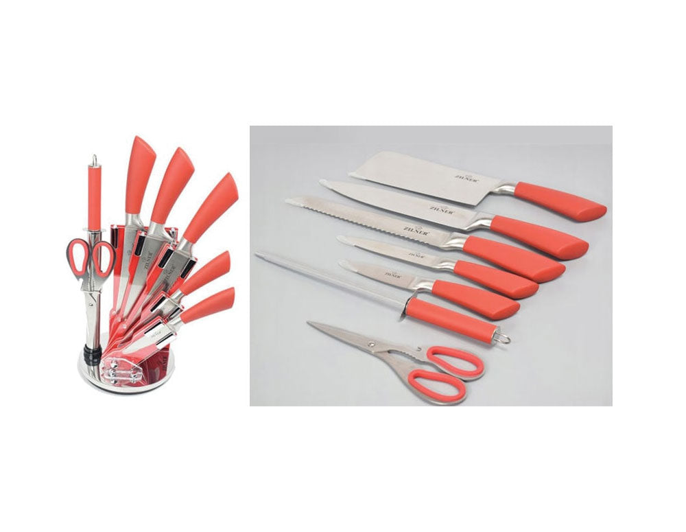 Set cuțite cu suport ZILNER ZL 5126, 8 piese, Ascuțitor, Foarfece, Oțel inoxidabil, Roșu
