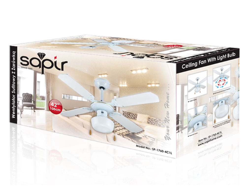 Ventilator de tavan cu 1 lampă SAPIR SP 1760 4C1L, 50W, 106 cm, 3 viteze, Rotație bidirecțională, Alb