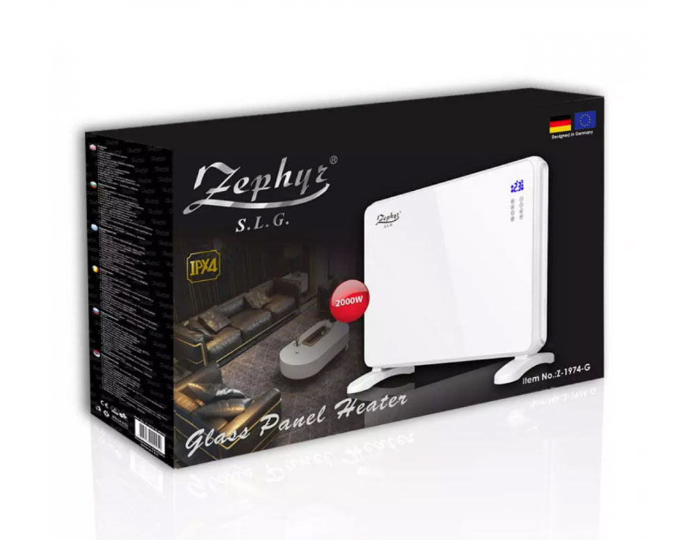 Convector cu panou de sticlă ZEPHYR ZP 1974 G, 2000W, Pentru perete sau podea, 2 niveluri, Telecomandă, 5 până la 35°C, LCD, Alb
