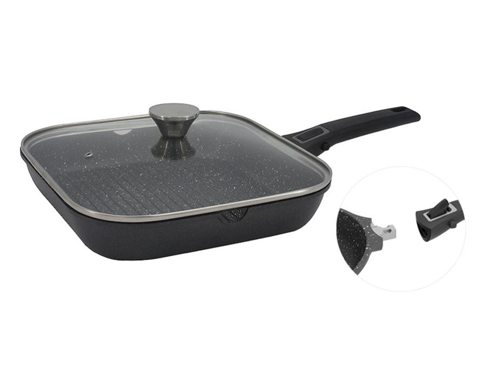 Tigaie grill cu capac și mâner detașabil ZEPHYR ZP 4316 28NC, 28 cm, acoperire din marmură, inducție, negru