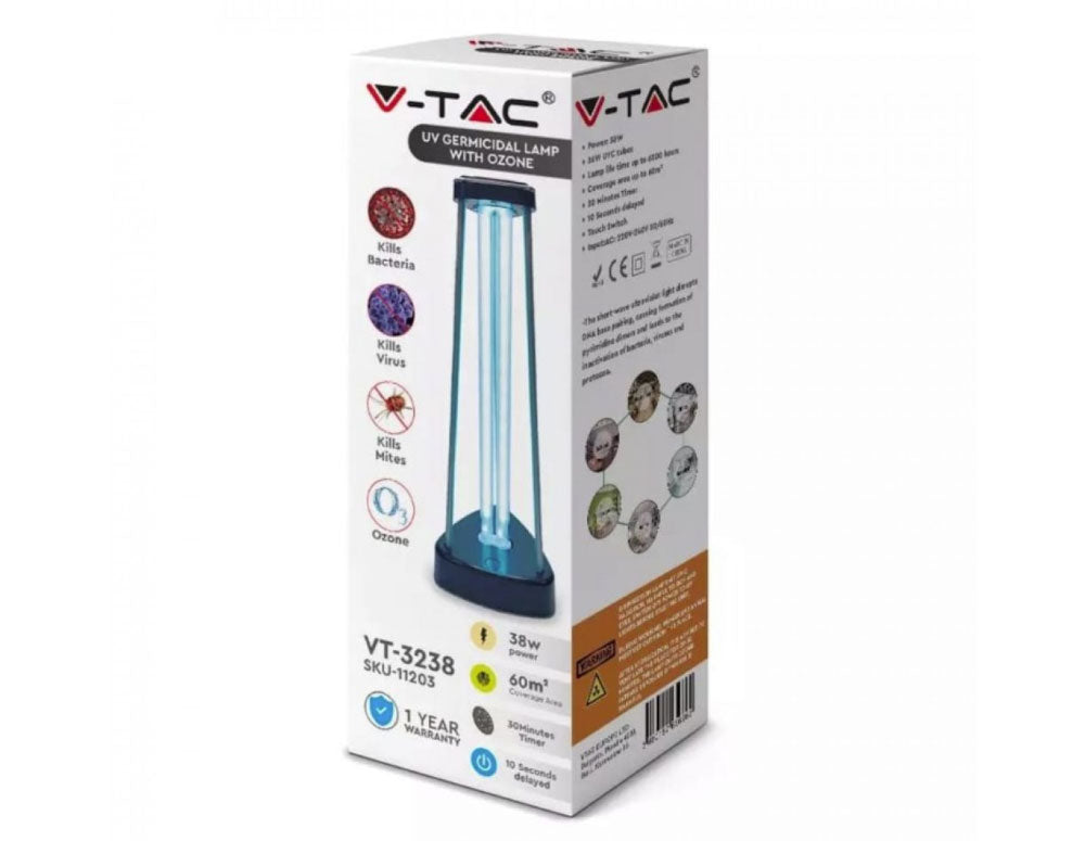 Lampă antivirală bactericidă V-TAC 11203, UV + Ozon, 38W, 60 mp, Temporizator, Negru