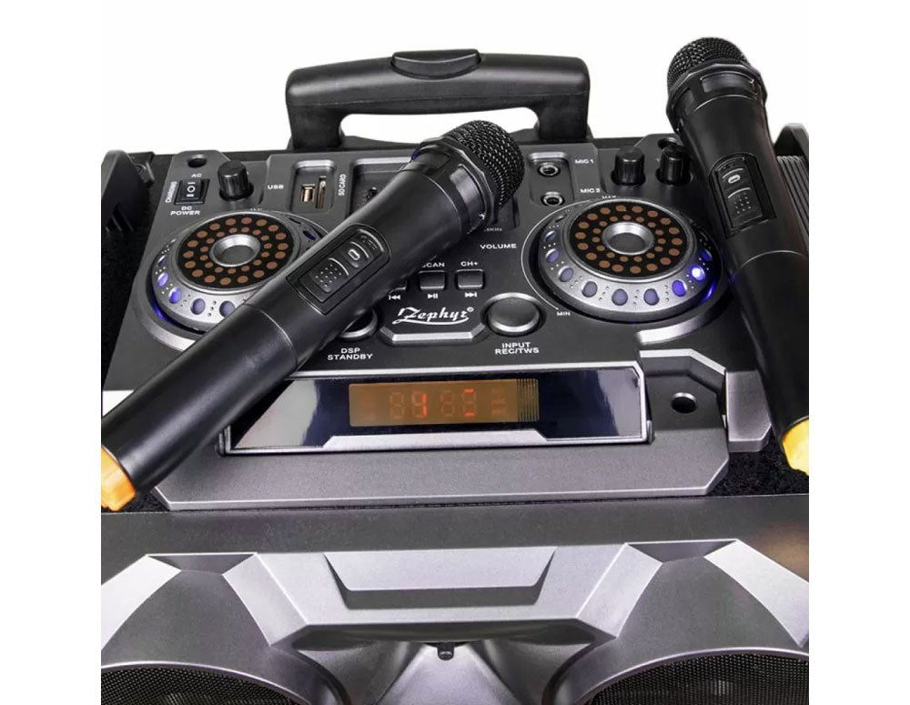 Sistem karaoke portabil ZEPHYR ZP 9999 2G12, 2x12 inci, Bluetooth, USB, mufă chitară, AUX, 2 microfoane, telecomandă