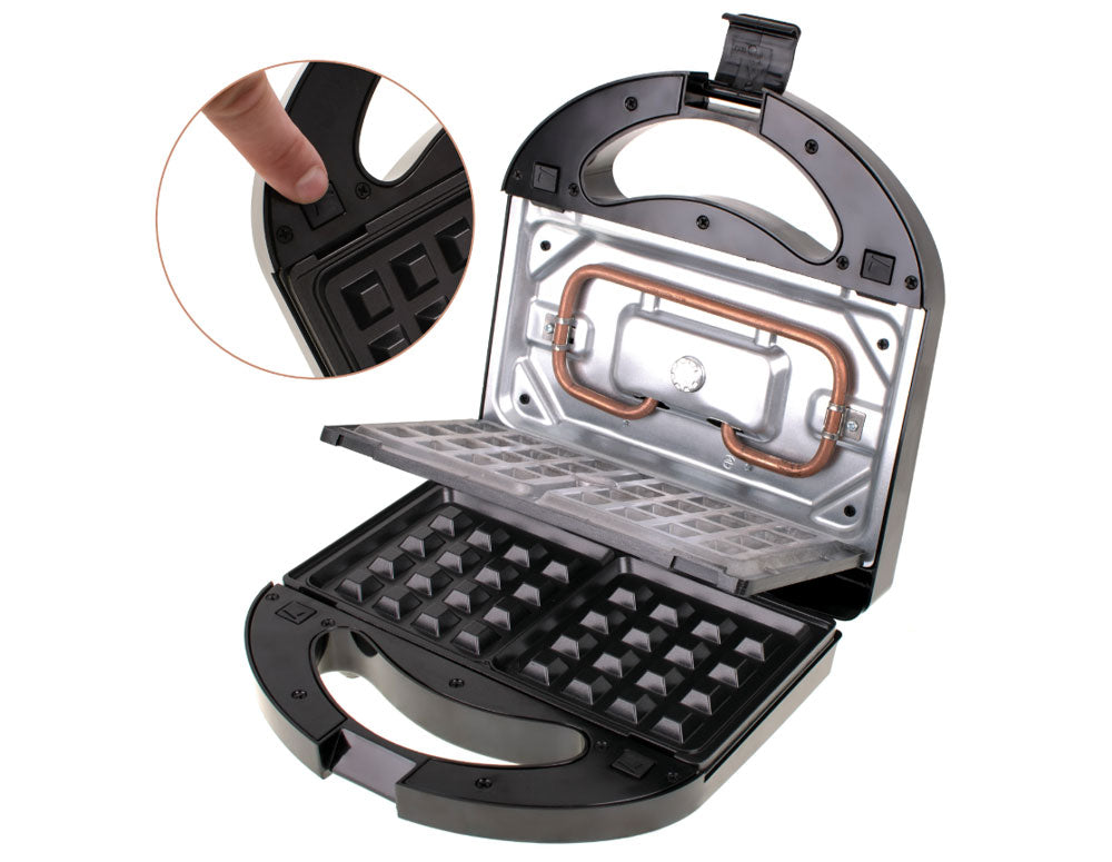 Aparat de sandvișuri și gofre 3 în 1 Mesko MS-3045, 1000W, 3 plăci interschimbabile, Înveliș antiaderent, Negru