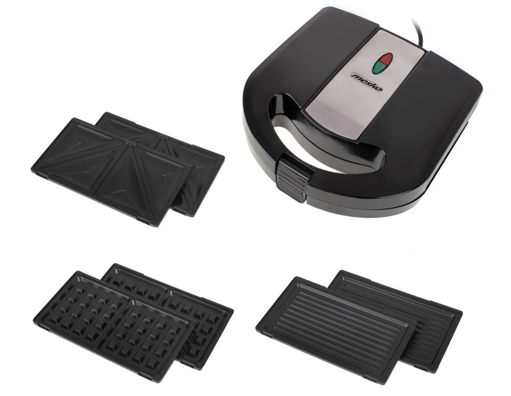 Aparat de sandvișuri și gofre 3 în 1 Mesko MS-3045, 1000W, 3 plăci interschimbabile, Înveliș antiaderent, Negru