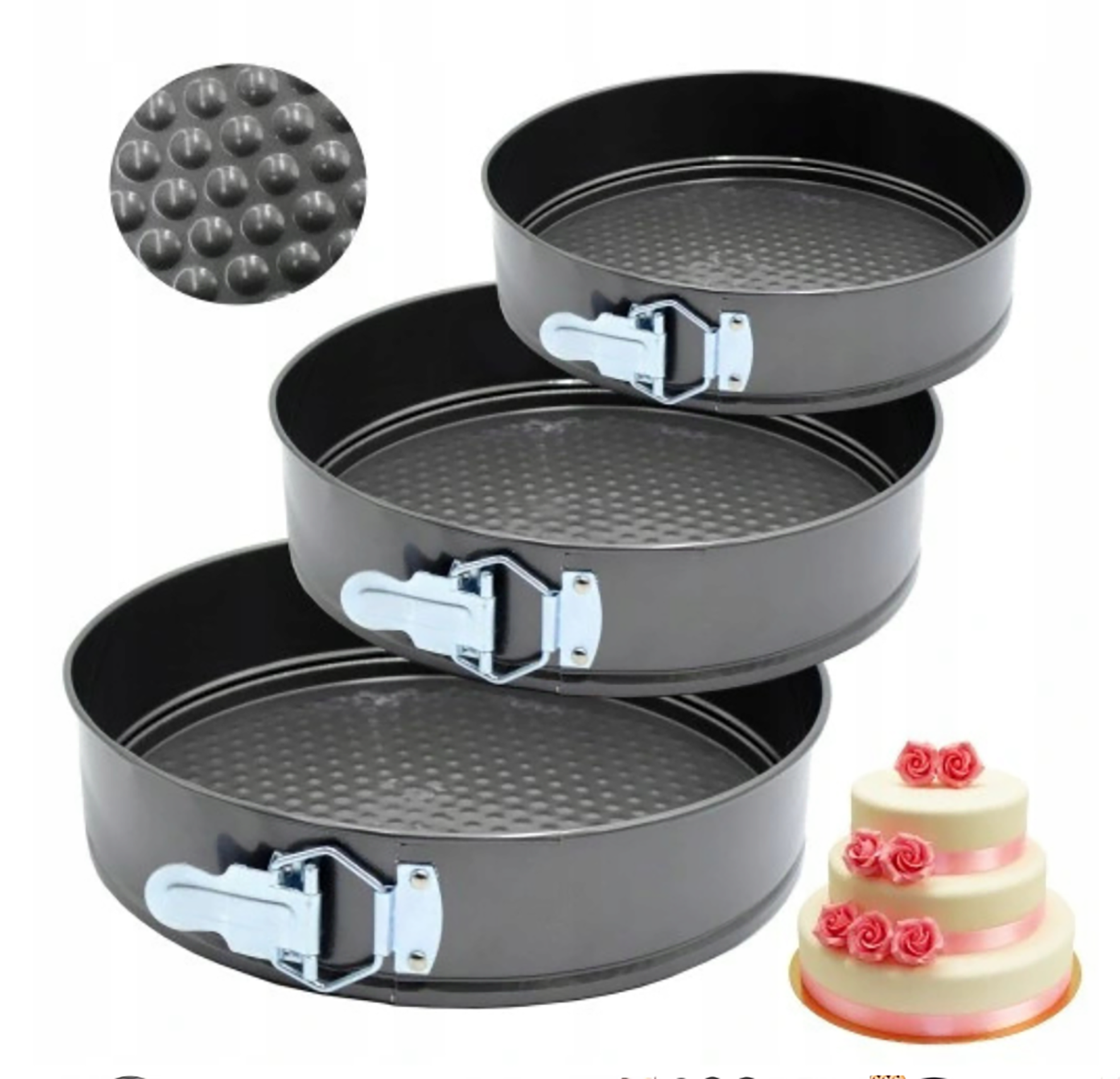 Set de forme de tort cu fund rabatabil ESPERANSA ES 1223 HS26, 24/26/28 cm, strat antiaderent, gri