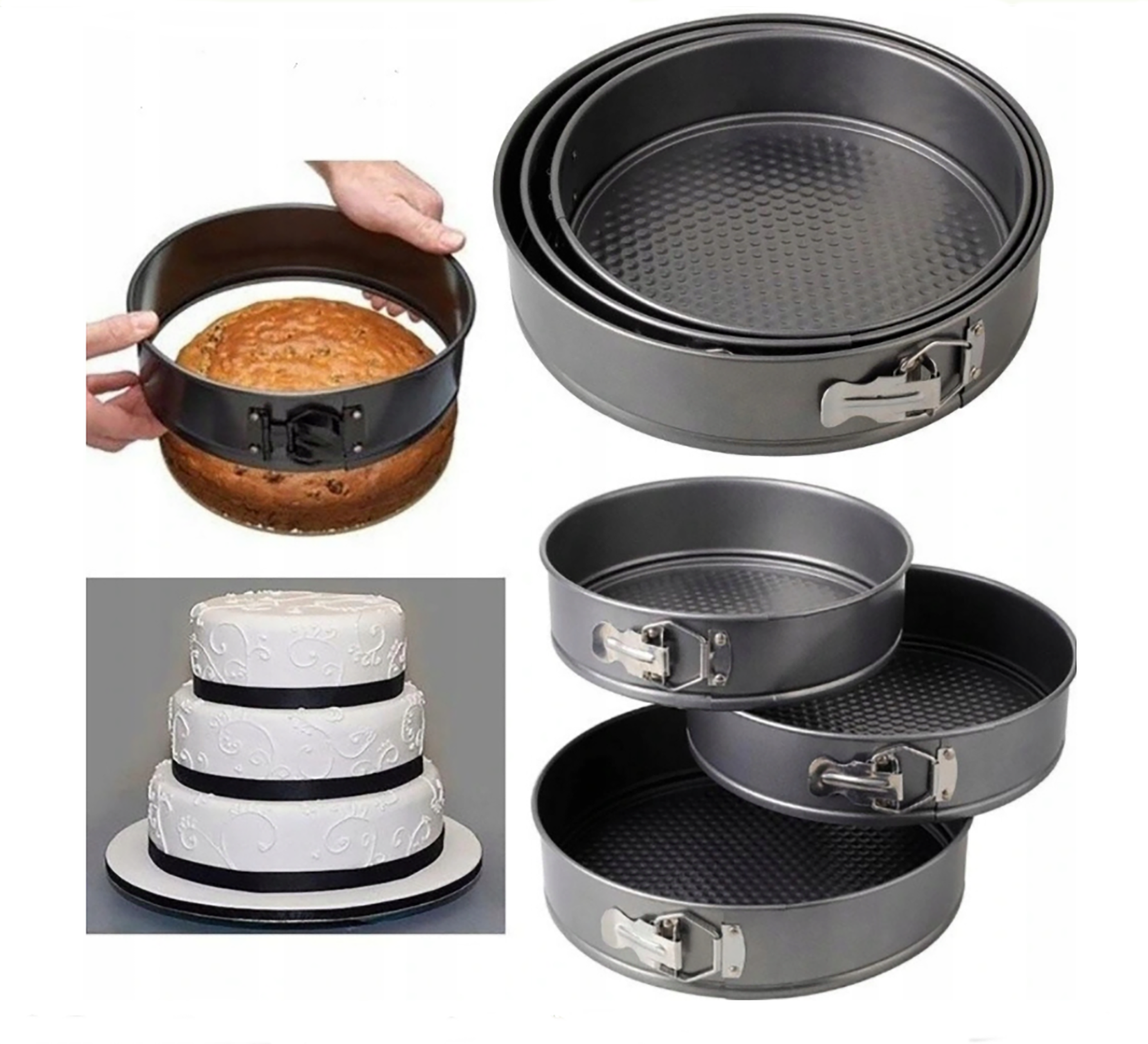 Set de forme de tort cu fund rabatabil ESPERANSA ES 1223 HS26, 24/26/28 cm, strat antiaderent, gri