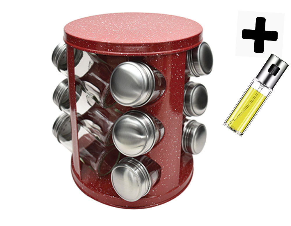 Borcane de condimente pe suport ZEPHYR ZP 1217 CR12 CU SPRAY DE ULEI CADOU, 12 buc. borcane, 3 niveluri, bază rotativă, marmură roșie