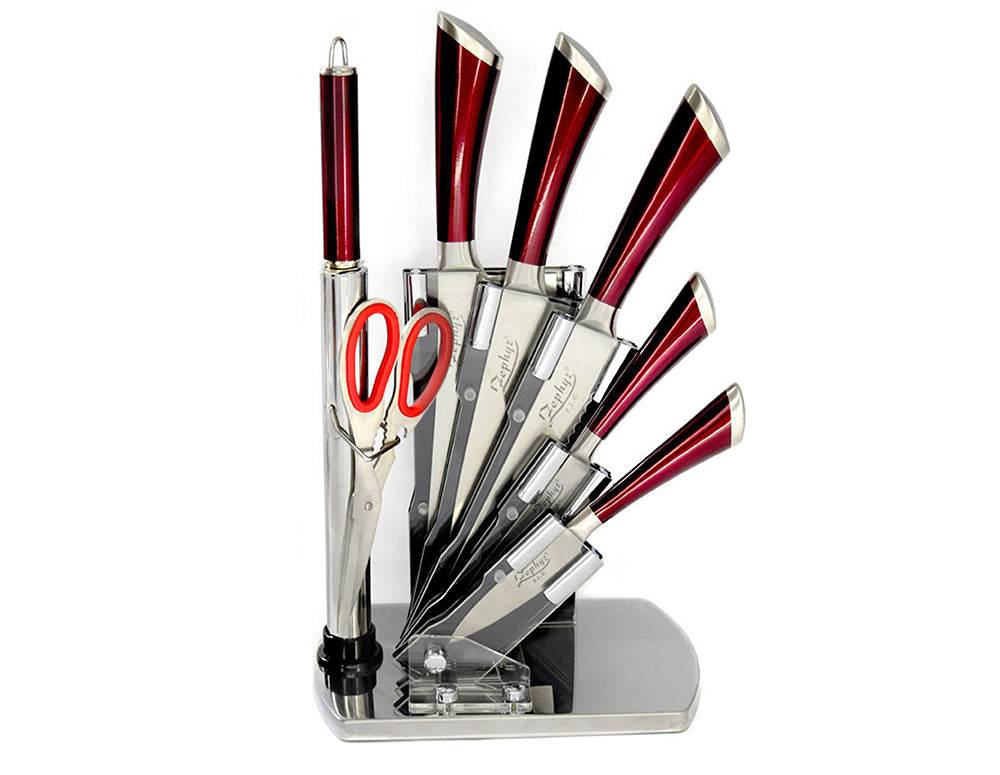 Set cuțite cu suport ZEPHYR ZP 1633 P7AS, 8 piese, Ascuțitor, Foarfece, Oțel inoxidabil, Roșu