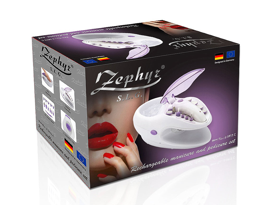Aparat de manichiură și pedichiură ZEPHYR ZP 1813 C, 500 mA, 12 accesorii, 2 viteze, Uscare, Alb/violet