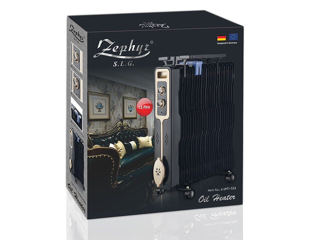 Calorifer ZEPHYR ZP 1971 G13, 2500W, 13 aripioare, 3 niveluri, Suport pentru haine, Termostat reglabil, Negru