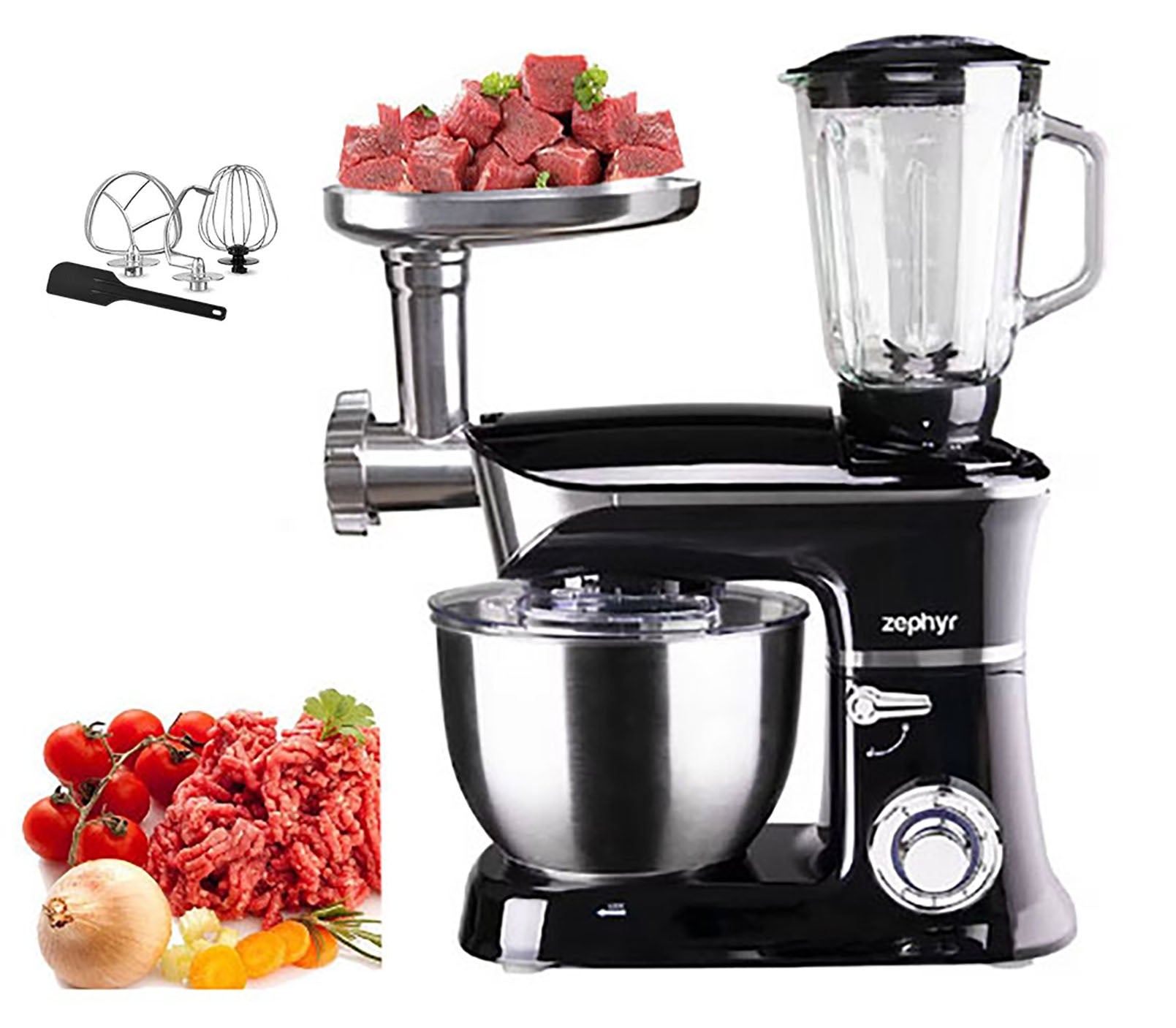 Robot de bucătărie 3 în 1 ZEPHYR ZP 1115 QBM, 1900W, 6,5 litri, Blender, Mixer, Mașină de tocat carne, Negru