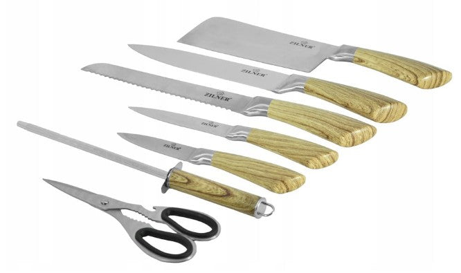 Set cuțite cu suport ZILNER ZL 5122, 8 piese, Ascuțitoare, Foarfece, Oțel inoxidabil, Mâner din lemn