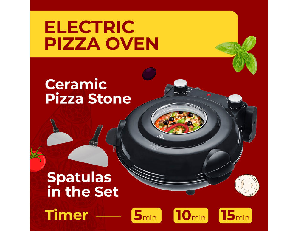 Cuptor electric de pizza Adler AD 6314, 1200W, 31,5 cm, Până la 400C, 5 setări de temperatură, Temporizator, Negru