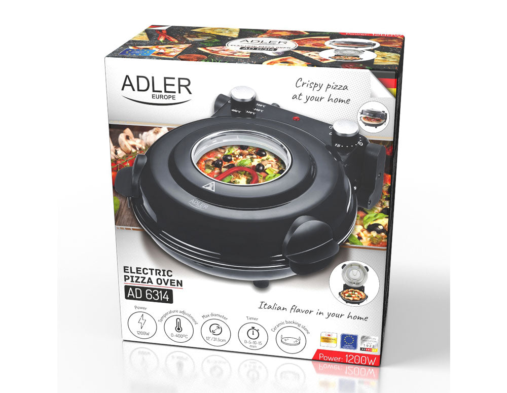 Cuptor electric de pizza Adler AD 6314, 1200W, 31,5 cm, Până la 400C, 5 setări de temperatură, Temporizator, Negru