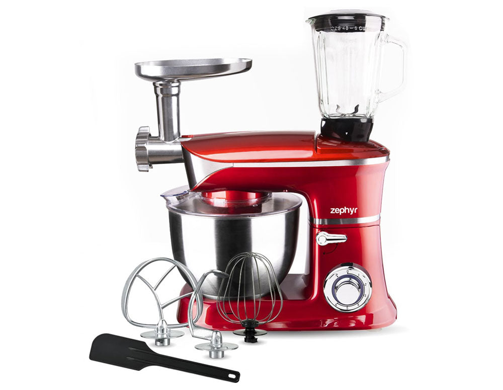 Robot de bucătărie 3 în 1 ZEPHYR ZP 1115 QBM, 1900W, 6,5 litri, Blender, Mixer, Mașină de tocat carne, Roșu