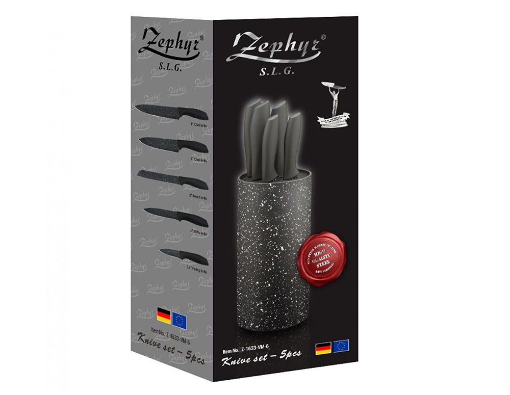 Set cuțite cu suport ZEPHYR ZP 1633 VM6, 6 piese, Finisaj marmorat, Negru