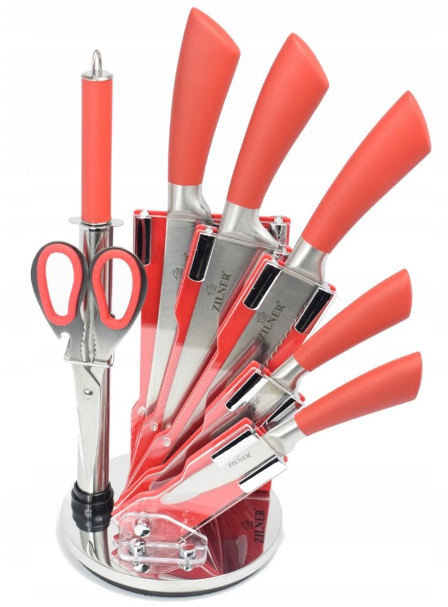 Set cuțite cu suport ZILNER ZL 5126, 8 piese, Ascuțitor, Foarfece, Oțel inoxidabil, Roșu