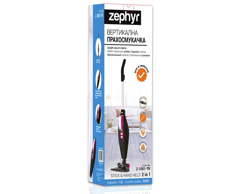 Aspirator vertical și de mână ZEPHYR ZP 1001 TR, 800W, 1,2 l, Clasa A, Recipient, Negru/Roz 
