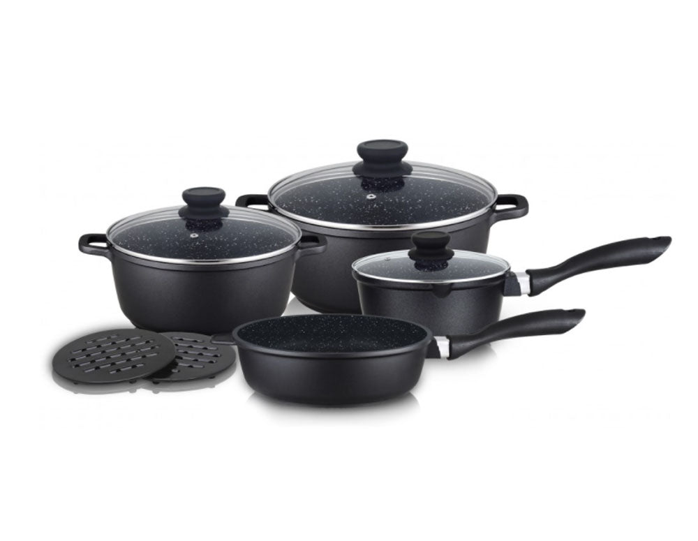 Set oală, tigăi și suport pentru pahare ZEPHYR ZP 4318 M9, 9 piese, finisaj marmorat, inducție, negru 