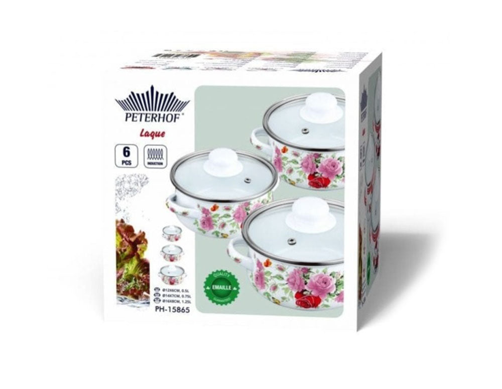 Set mini cratițe PETERHOF PH 15865, 6 piese, 0,5/0,75/1,25 litri, Inducție, Email, Alb cu trandafiri 