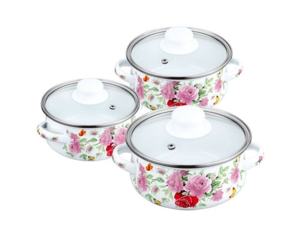 Set mini cratițe PETERHOF PH 15865, 6 piese, 0,5/0,75/1,25 litri, Inducție, Email, Alb cu trandafiri 