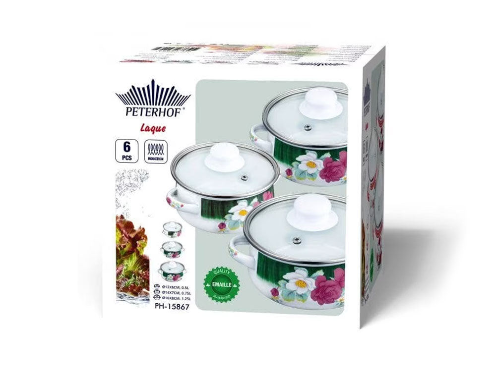 Set mini cratițe PETERHOF PH 15867, 6 piese, 0,5/0,75/1,25 litri, Inducție, Email, Alb cu flori 