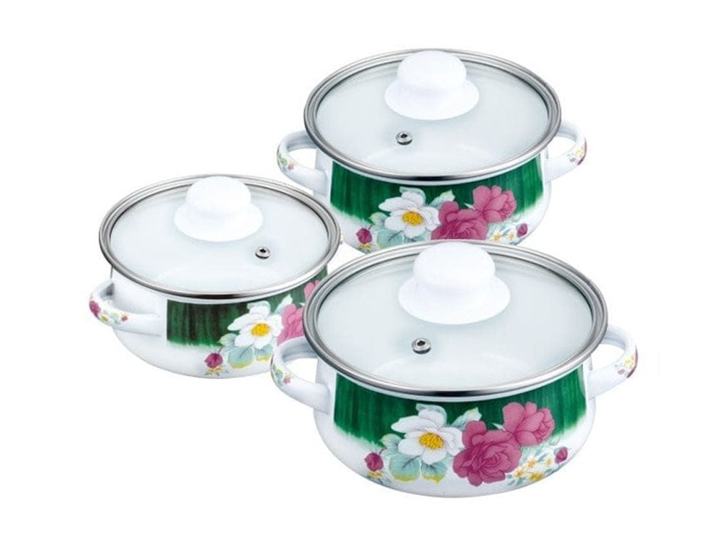 Set mini cratițe PETERHOF PH 15867, 6 piese, 0,5/0,75/1,25 litri, Inducție, Email, Alb cu flori 