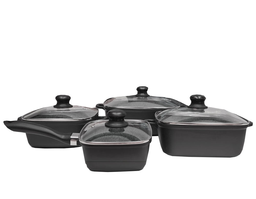 Set de oale și caserole COOKSUN CS 4323-8, 8 piese, Pătrat, Finisaj marmorat, Negru 