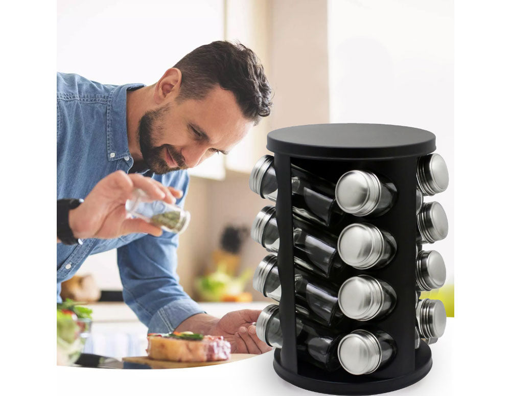 Borcane pentru condimente pe suport ZEPHYR ZP 1217 CR16, 16 buc. borcane, 4 niveluri, bază rotativă, negru 