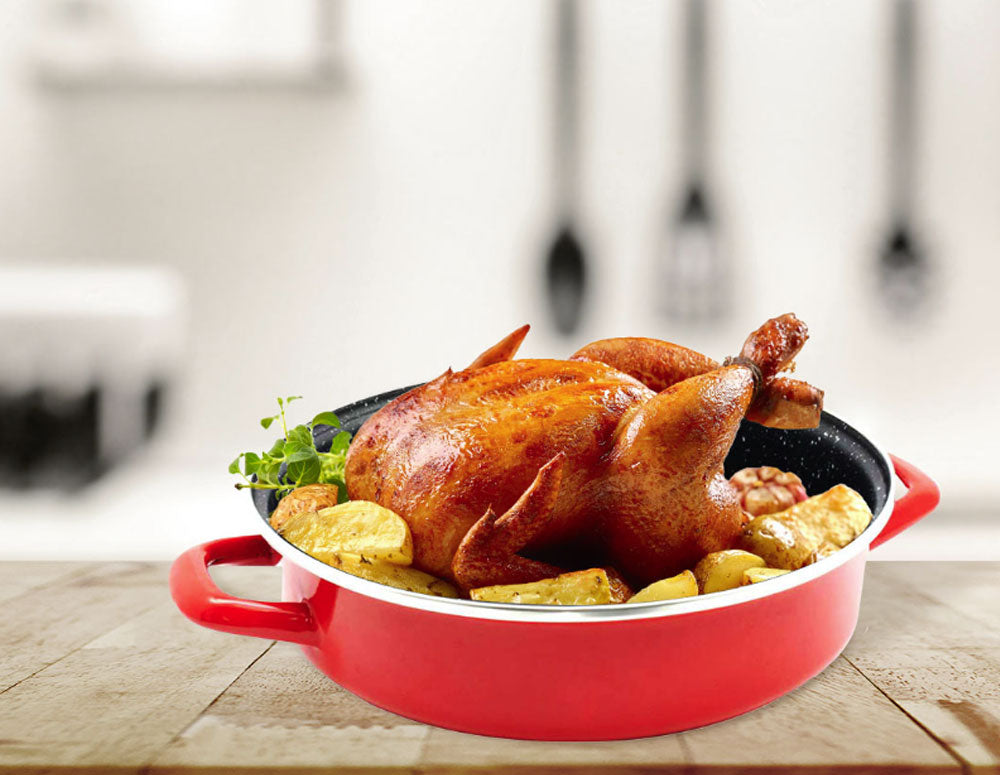 Oală și tigaie 2 în 1 ZEPHYR Stone Line ZP 1222 DE30, 30 cm, Înveliș din piatră, Inducție, Roșu