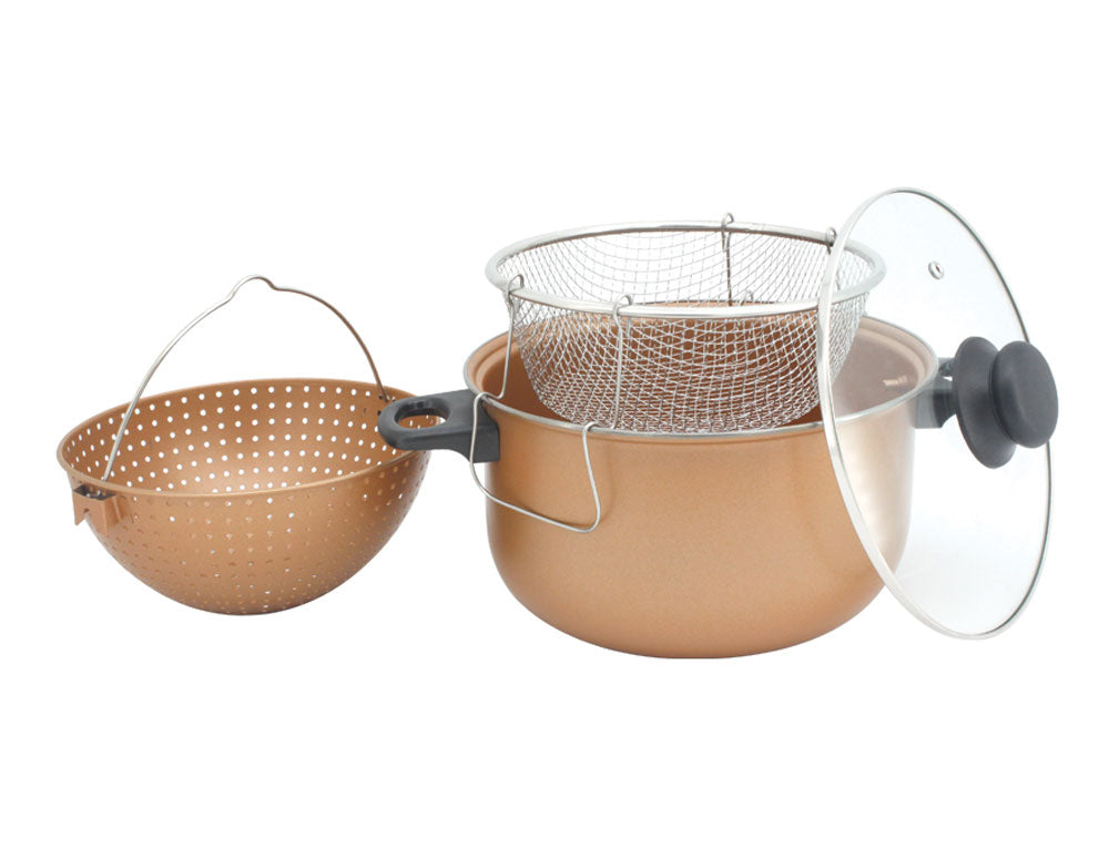 Oală cu strecurătoare și coș SAPIR SP 1213 P, 4 litri, 24x12,5 cm, strat antiaderent, culoare cupru 