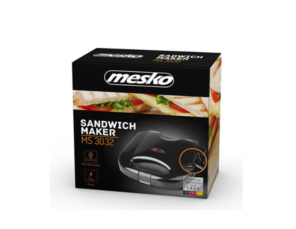 Prăjitor de sandvișuri MESKO MS 3032, 850W, Pentru 2 felii, Farfurii triunghiulare, Negru 