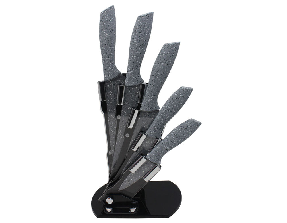 Set cuțite cu suport ZEPHYR ZP 1633 CS5AS, 6 piese, oțel inoxidabil, finisaj marmorat, gri 