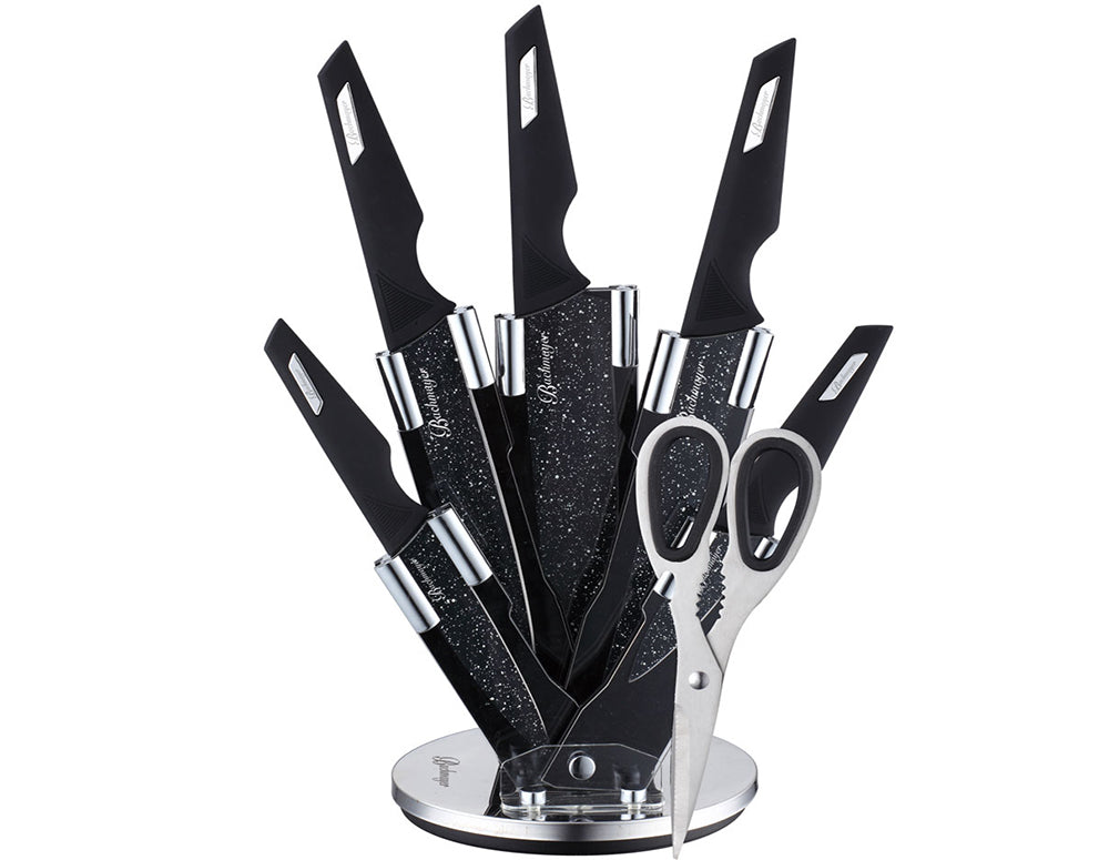 Set cuțite cu suport BACHMAYER BM 313, 7 piese, Foarfece, Oțel inoxidabil, Negru
