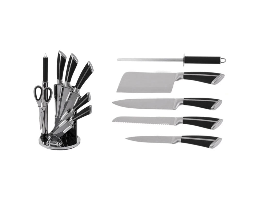 Set cuțite cu suport ZILNER ZL 5120, 8 piese, Ascuțitor, Foarfece, Oțel inoxidabil, Negru 