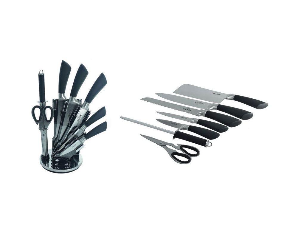 Set cuțite cu suport ZILNER ZL 5127, 8 piese, Ascuțitor, Foarfece, Oțel inoxidabil, Negru 