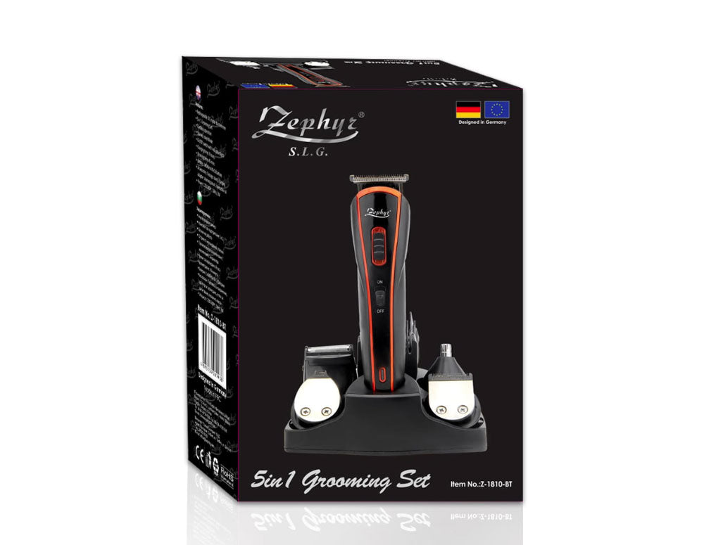 Set de bărbierit și tuns 5 în 1 ZEPHYR ZP 1810 BT, aparat de tuns pentru nas, aparat de tuns pentru detalii, accesorii, fără fir, negru/portocaliu 